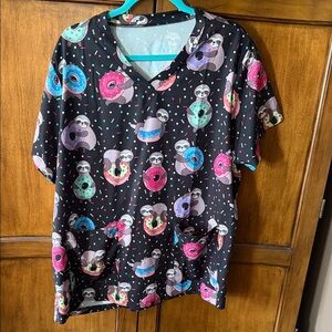 Colorful Sloth and Donut Print Scrub Top